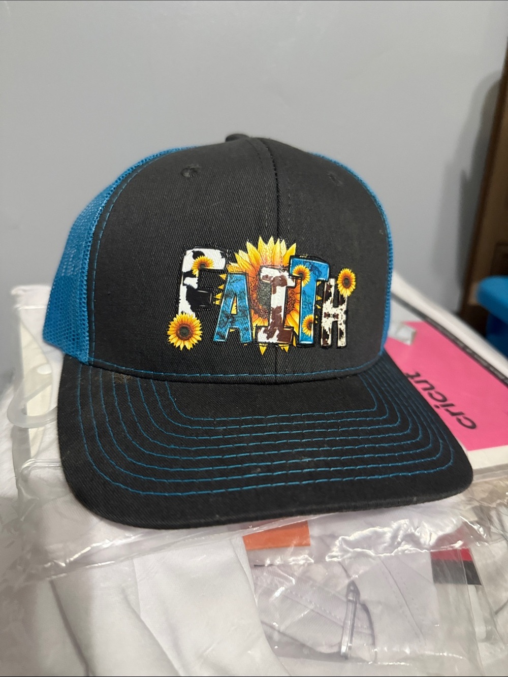 Faith Sunflower Embroidered Trucker Hat - Charcoal & Teal